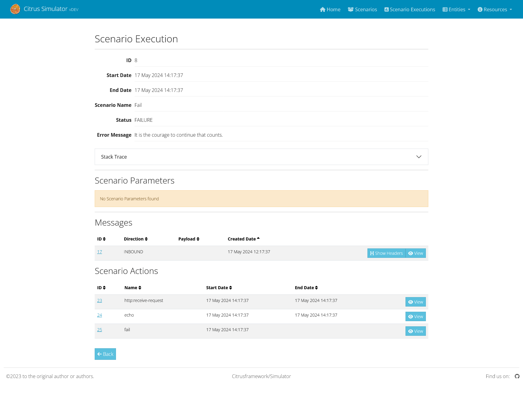 Detailed view of a scenario execution